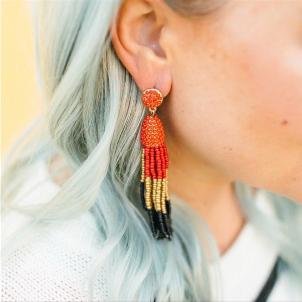 Ombre Red, Gold /Black Beaded Tassel Earrings (A8)